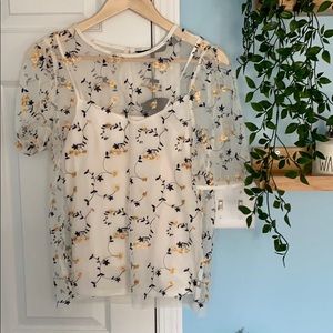 Vera Moda Cream Mesh Top w Floral Embroidery NWT